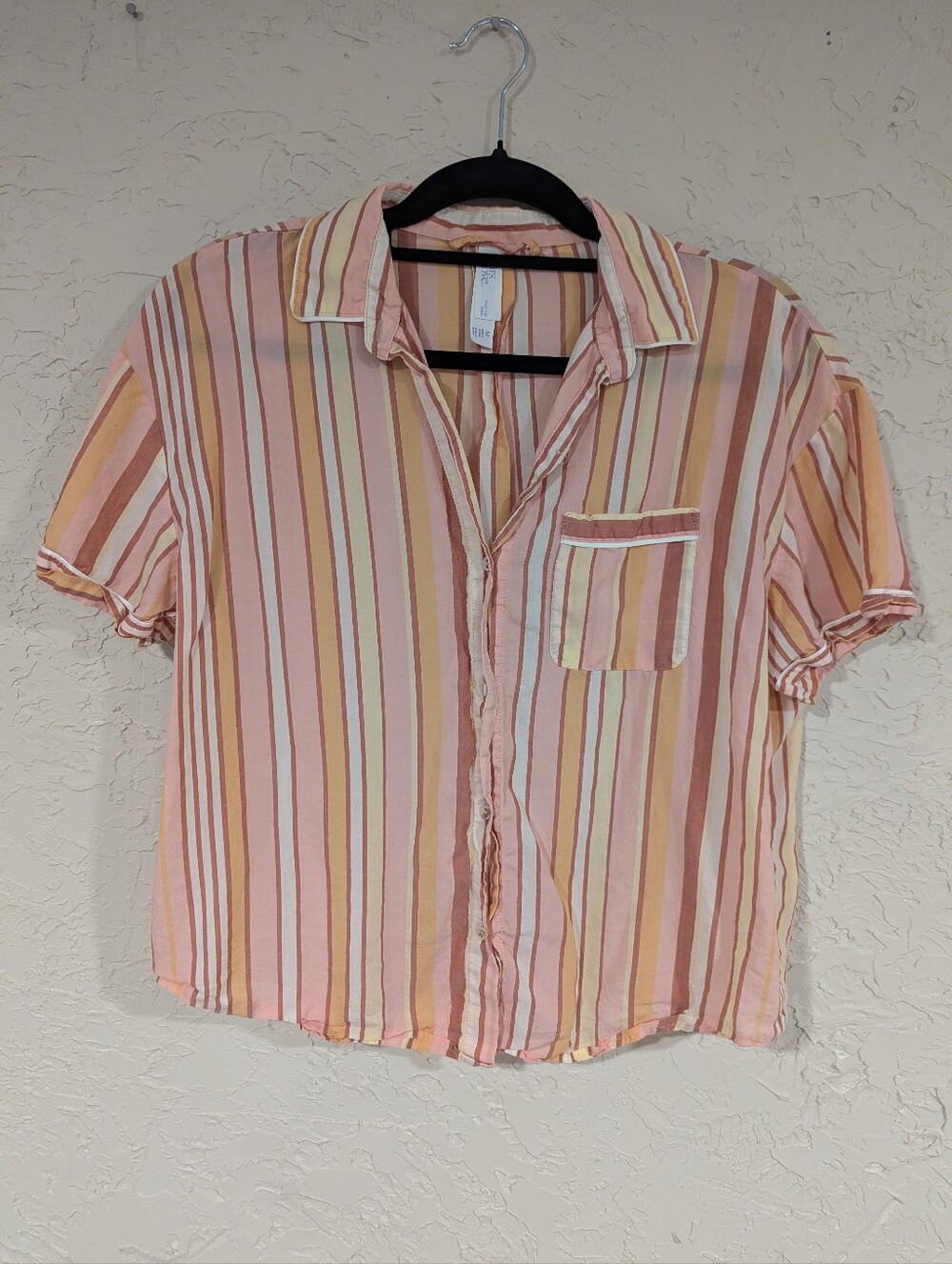 Stars Above Striped Pink Button-Up Short Sleeve Top - Women M Retro 70s Comfort